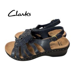 Clarks Collection Women's Navy Leather Adjustable Ankle Strap Sandals 7.5 7.5EW